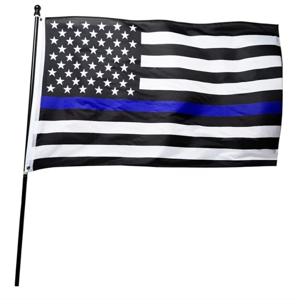 Black and White American Flag with Blue Line 3x5